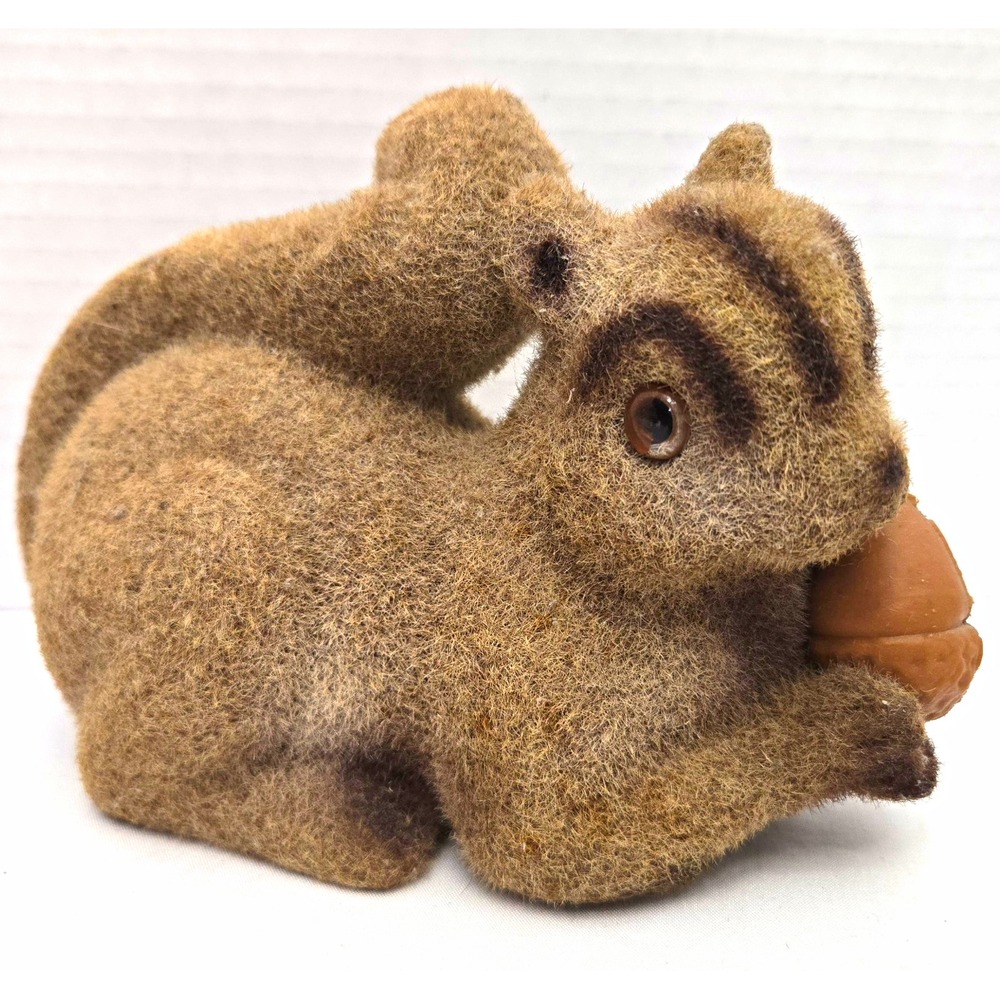 Vtg 1970s Flocked Fuzzy Squirrel Coin Bank Made in Hong Kong - Original Stopper